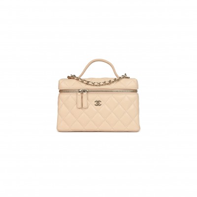 CHANEL TOP HANDLE LONG VANITY CASE WITH CHAIN LIGHT BEIGE SHINY CAVIAR LIGHT GOLD HARDWARE AP4385 (19*14*5cm)